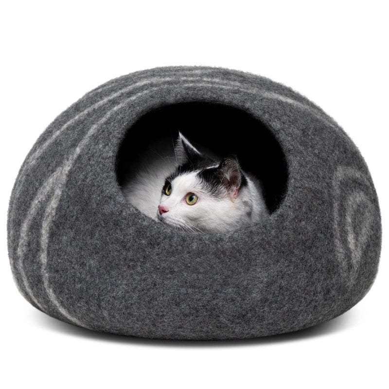 MEOWFIA كهف ميؤفيا للقطط - سرير قطط من الفيلت الفاخر للقطط الداخلية، مصنوع يدويًا من 100% صوف ميرينو، قط (كبير، رمادي داكن) - Image 1
